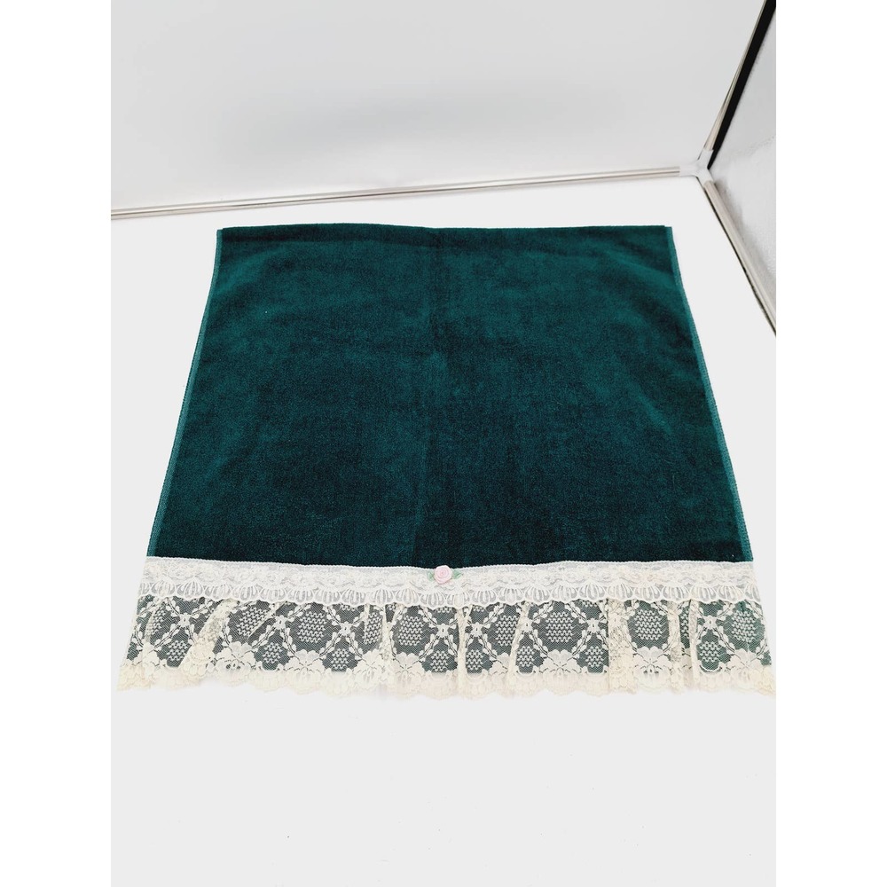 Vtg Handmade USA New Dark Green Bath Towel w/lace pink flower Never used